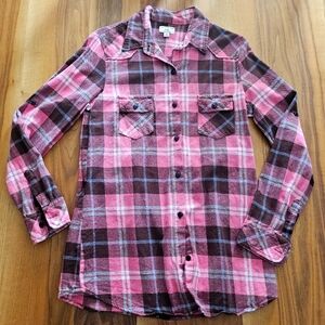 WOMENS MATCHSTICK MEDIUM PINK BLACK PLAID LONG SLEEVE FLANNEL SHIRT